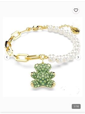 Swarovski Teddy Bracelet Crystal Pearl Bear Green Gold Tone